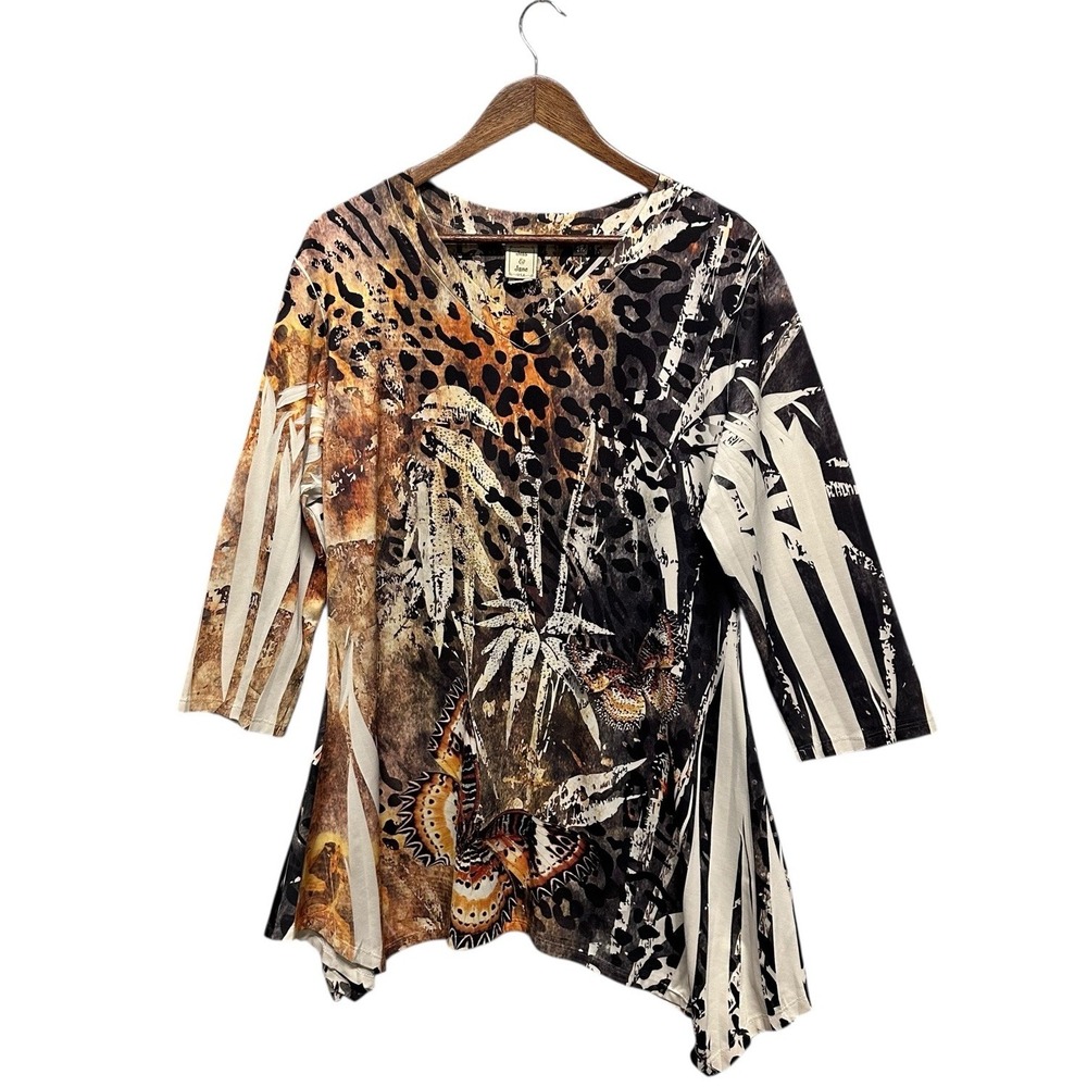 Jess & Jane Tunic Top Women's Brown Sz L Butterfly Embellished Asymmetrical Hem